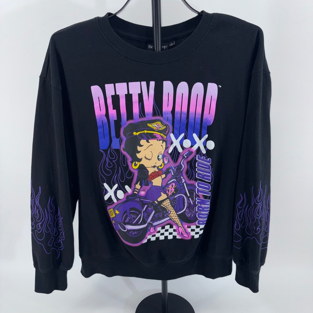 Betty Boop Born to Ride Biker Graphic Sweatshirt Black Purple Flames Large - Picture 3 of 7
